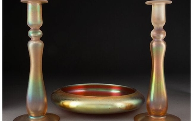 79058: Pair of Steuben Gold Aurene Glass Candlesticks w
