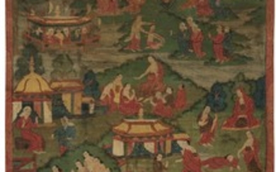A THANGKA DEPICTING THE PREVIOUS LIVES OF TONPA SHENRAB Tibet, 18th Century