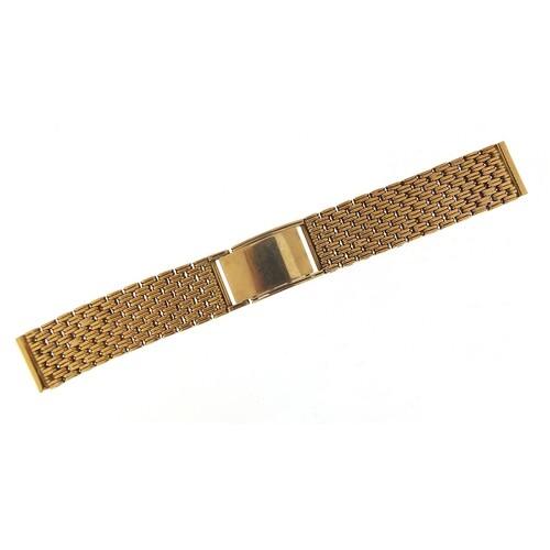 9ct gold watch strap, 15cm in length when closed, 1.7cm wide...