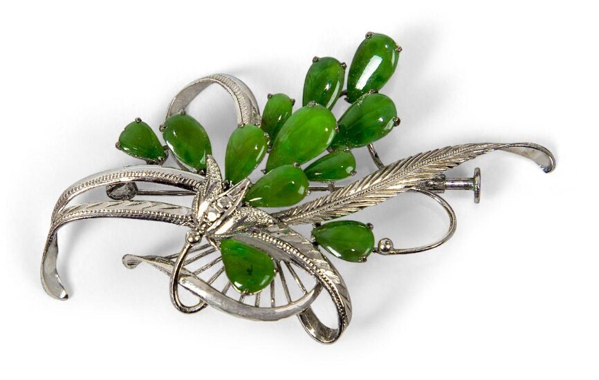 A 14ct gold floral brooch, mid-20th century, set with pear-shaped jadeite drops, 6cm long