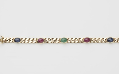 A 14k gold ruby, sapphire and emerald curb chain bracelet.