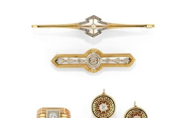 A 18K yellow gold and diamond brooches, men's ring and earrings