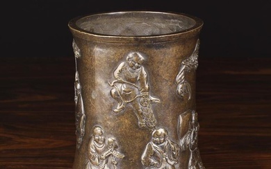 A 19th Century Chinese Dark Brown Patinated Bronze Brush Pot of waisted cylindrical form cast with e