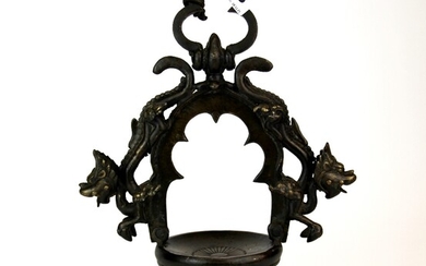 A 19th century East Asian (probably Burmese) bronze hanging censer/lamp, H. 31cm.
