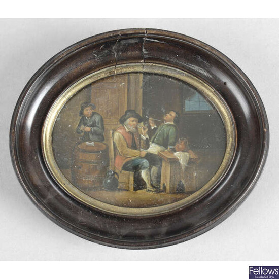 A 19th century miniature oil painting on board, depicting figures smoking pipes.