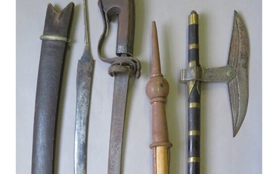Ⓐ AN ARAB SWORD, AN INDIAN AXE, A DETACHED SWORD BLADE, A SCABBARD FOR A TALWAR AND TWO LANCE SHOES