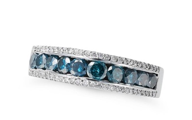 A BLUE AND WHITE DIAMOND RING set with a row of irradiated round cut blue diamonds in a border of