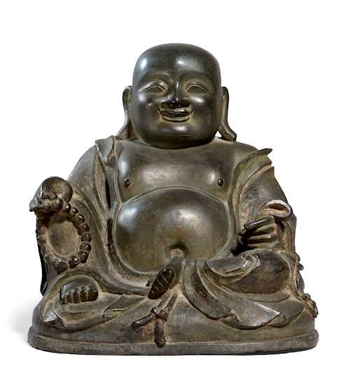 A BRONZE FIGURE OF BUDAI. China, late Ming dynasty, 17th c. Height 23.5 cm.