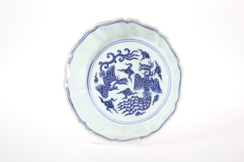 A CHINESE BLUE AND WHITE DOUBLE PHOENIX BOWL, of shaped