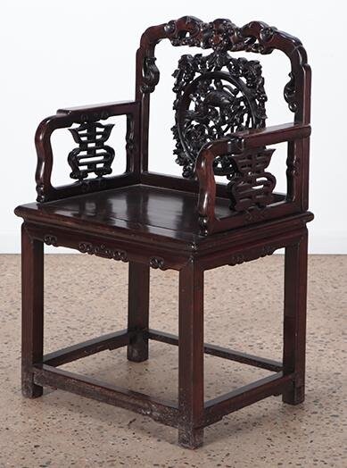 A CHINESE CARVED OPEN ARMCHAIR CIRCA 1930