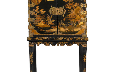 A CHINESE EXPORT BLACK AND GILT LACQUER CABINET-ON-STAND 19TH CENTURY