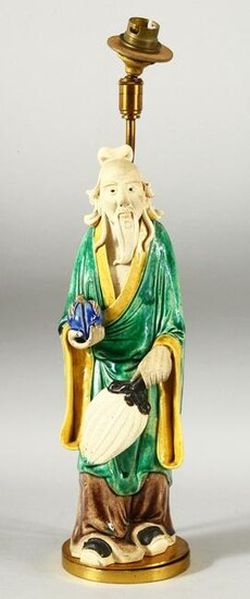 A CHINESE FAMILLE VERTE GLAZED POTTERY FIGURAL LAMP