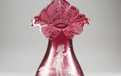 A CRANBERRY MARY GREGORY VASE.