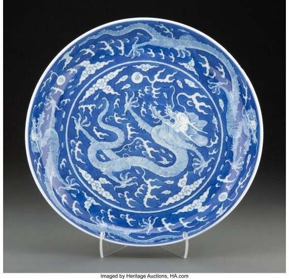 A Chinese Blue and White Dragon Plate Marks: six