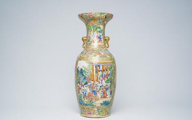 A Chinese Canton famille rose vase with palace scenes, antiquities and floral design, 19th C....