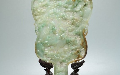 A Chinese Carved Jadeite Table Screen with Wood Base