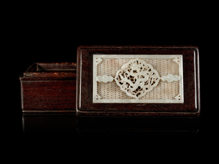 A Chinese White Jade Inset Zitan wood Covered Box