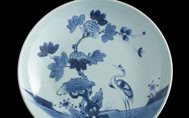 A Chinese blue and white 'egret and flowers' plate, 18th century