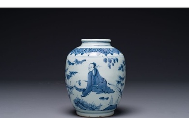 A Chinese blue and white 'sage' jar, Ming H.: 15,5 cm ...
