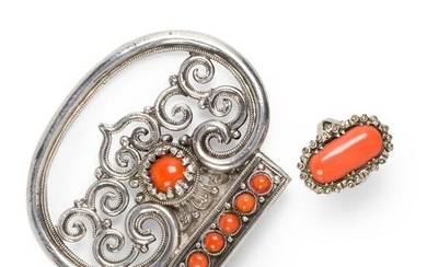 A Chinese coral and silver brooch and ring