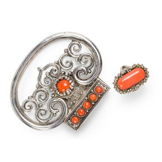 A Chinese coral and silver brooch and ring