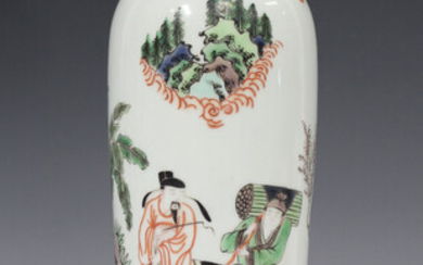 A Chinese famille verte porcelain vase, Transitional style but probably late Qing dynasty, painted w