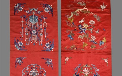 A Chinese red silk chair cover