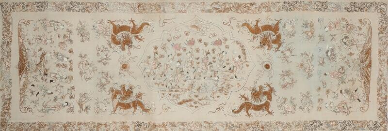 NOT SOLD. A Chinese silk textile, richely embroidered with figures and fabulous monsters. C. 1900. 48 x 139 cm. – Bruun Rasmussen Auctioneers of Fine Art