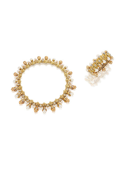A Cultured Pearl and Diamond Choker and Bracelet Suite,, by Adler