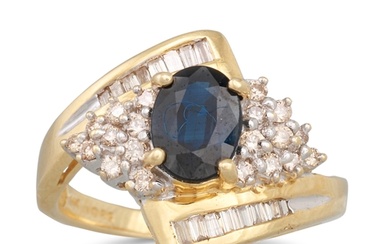A DIAMOND AND SAPPHIRE CLUSTER RING, the oval sapphire to di...