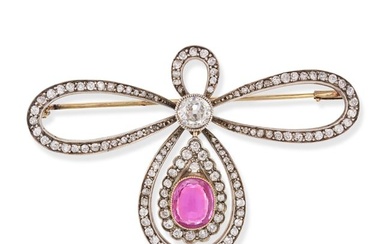 A FINE ANTIQUE BELLE EPOQUE PINK SAPPHIRE AND DIAMOND BROOCH in yellow gold and silver, designed ...