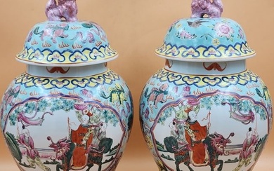 A Fine Pair Of Chinese Famille Rose Covered Vases Beautifully Painted In Enamels