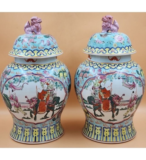 A Fine Pair Of Chinese Famille Rose Covered Vases Beautifully Painted In Enamels