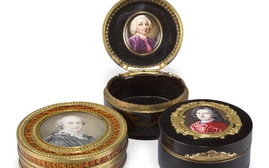 A French gilt-metal mounted decorated circular snuff box, c.1800, the cover inset with a watercolour portrait miniature of a gentleman, on a gilt-heightened banded red ground, tortoiseshell lined, 8cm diameter; together with a gilt-metal mounted...