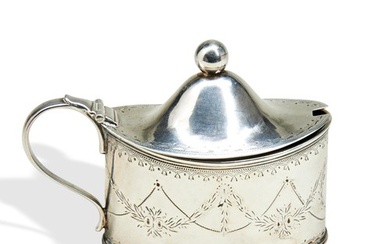 A GEORGE III SILVER MUSTARD POT, oval form with bright cut e...