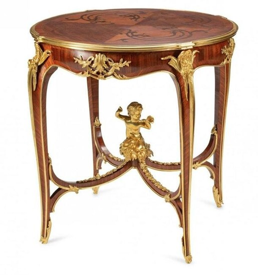 A GOOD FIGURAL DORE BRONZE MOUTED MARQUETRY TABLE