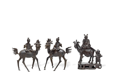 A GROUP OF THREE BRONZE 'IMMORTAL AND QILIN' INCENSE BURNERS...
