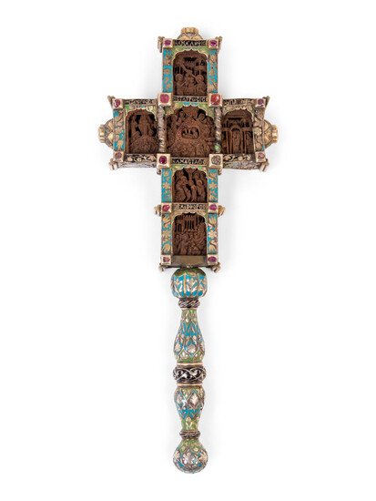 A Greek Gem-Set and Enameled Silver and Carved Olivewood Cross