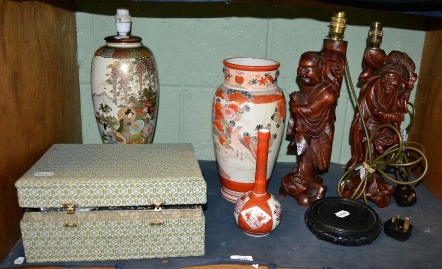 A Japanese Satsuma lamp, with a Kutani baluster vase and a Kutani bottle vase, by Chinese root wood