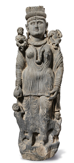 A LARGE AND IMPORTANT GREY SCHIST FIGURE OF HARITI WITH CHILDREN ANCIENT REGION OF GANDHARA, SWAT VALLEY, 2ND-4TH CENTURY CE