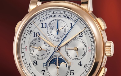 A. Lange & Söhne, Ref. 421.032FE An extremely well-preserved and attractive pink gold split-seconds perpetual calendar chronograph wristwatch with small seconds, moon phases, leap year indication, power reserve indication, guarantee and presentation box