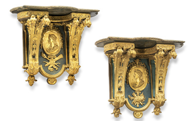 A MATCHED PAIR OF LOUIS XIV ORMOLU-MOUNTED AND BLUE STAINED HORN 'CONSOLES D'APPLIQUE' WALL BRACKETS IN THE MANNER OF ANDRE CHARLES BOULLE, ONE CIRCA 1720, THE OTHER OF LATER DATE