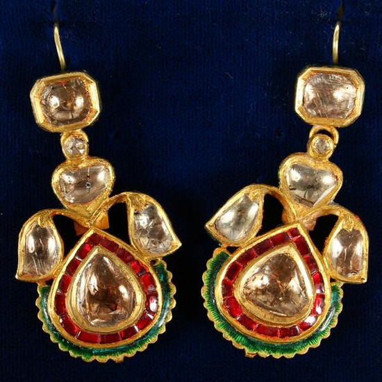 A MATCHING PAIR OF RUBY AND DIAMOND DROP EARRINGS.