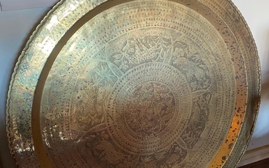 A Moroccan Large Brass Tray with Engraved Animals & Flora