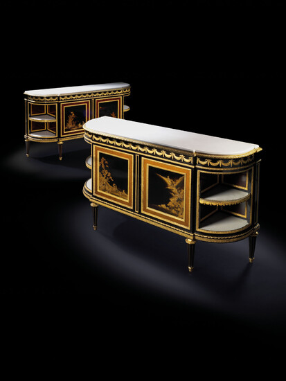 A NEAR PAIR OF FRENCH ORMOLU-MOUNTED EBONY AND JAPANESE BLACK LACQUER COMMODES A L'ANGLAISE, BY HENRY DASSON, PARIS, ONE DATED 1882, AFTER THE MODEL BY MARTIN CARLIN