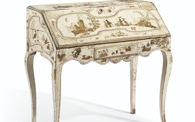 A NORTH ITALIAN WHITE, GILT AND POLYCHROME JAPANNED BUREAU, PROBABLY EMILIA, MID-18TH CENTURY, PROBABLY ORIGINALLY CONCEIVED IN PLAIN WALNUT