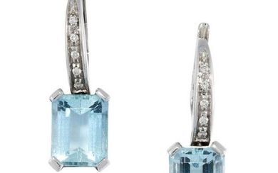 A PAIR OF AQUAMARINE AND DIAMOND EARRINGS Hook and clip