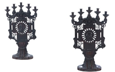 A PAIR OF CONTINENTAL GOTHIC BRONZE SCONCES WITH IMAGES OF...