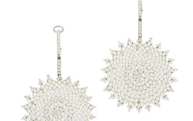A PAIR OF DIAMOND AND PEARL DROP EARRINGS in 18ct white gold, each comprising a hoop set with rou...