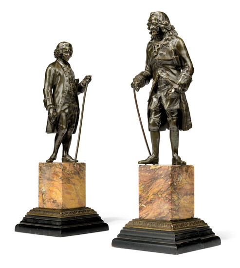 A PAIR OF FRENCH BRONZE FIGURES OF VOLTAIRE AND ROUSSEAU
